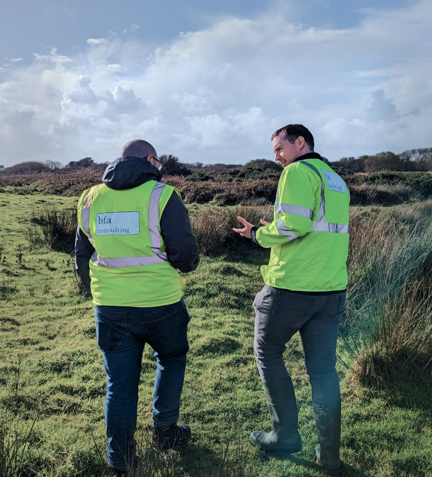 Two BFA Consulting employees standing in the middle of the green field and discussing.